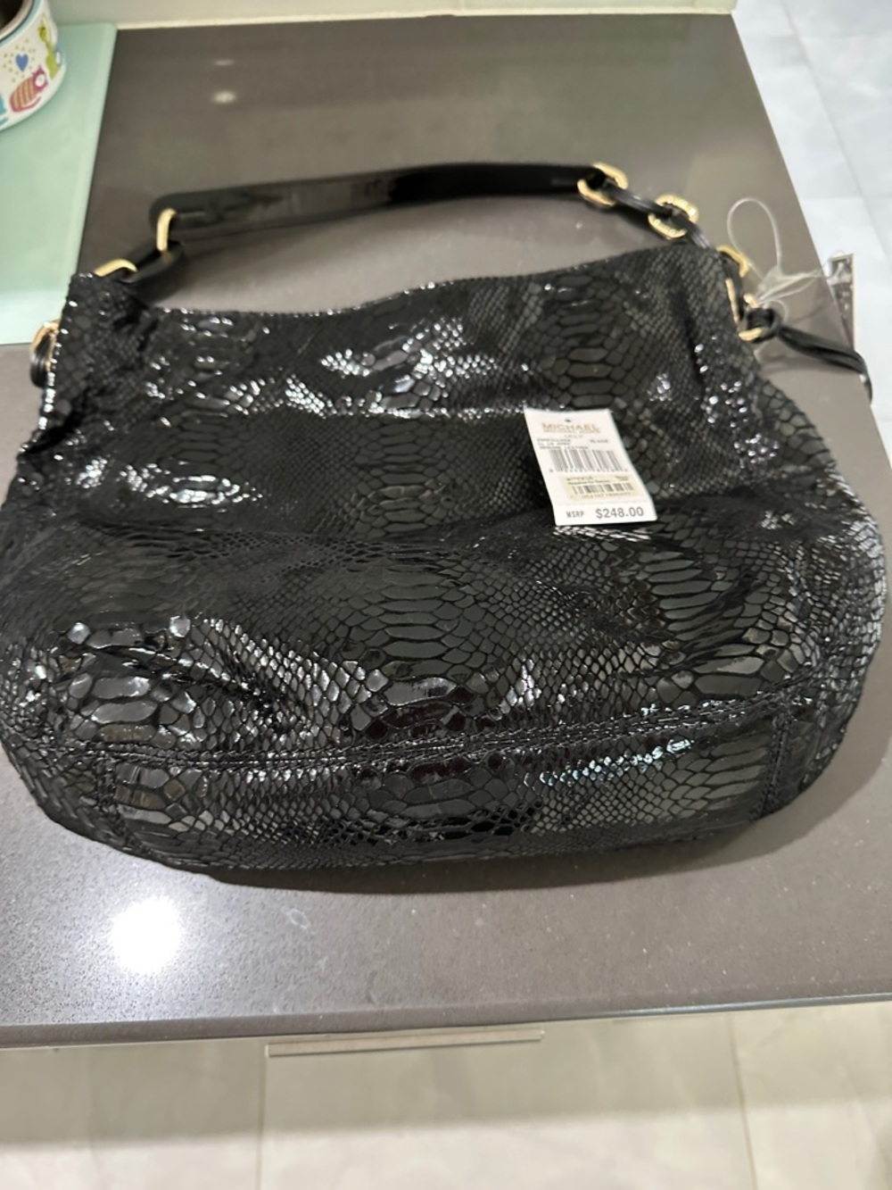 Michael Kors Black Patent Snake-Embossed Shoulder Hobo